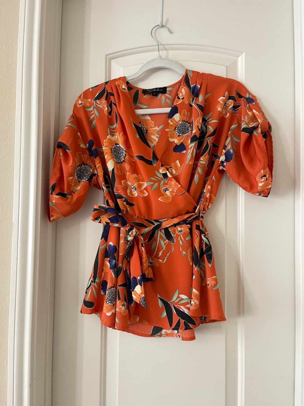 Tie-Waist Floral Wrap Blouse - Orange